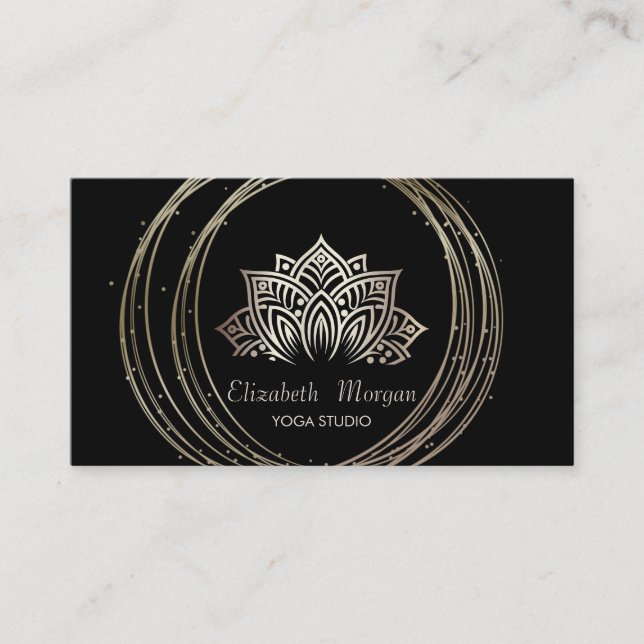 Modern Elegant Guld Cirklar Lotus Svart Visitkort (Framsida)