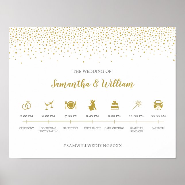 Modern Elegant Guld Confetti Bröllop tidslinjesign Poster (Framsidan)