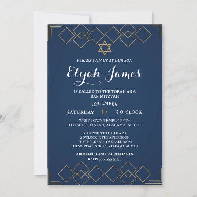 Modern Elegant Guld Davidstjärna Bar Mitzvah Inbjudningar (Framsida)