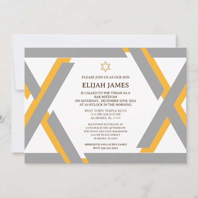 Modern Elegant Guld Davidstjärna Bar Mitzvah Inbjudningar (Framsida)