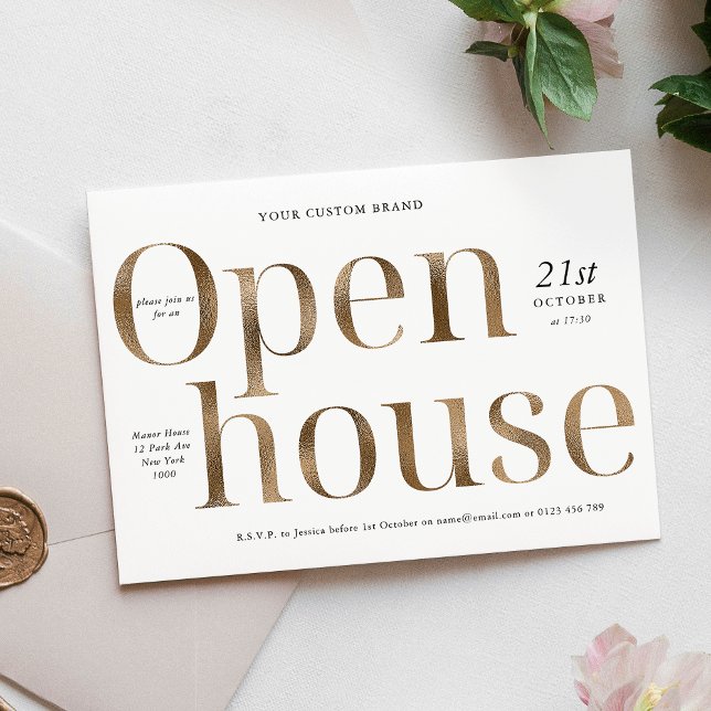 Modern Elegant Guld Effect Business Open House Inbjudningar (Modern Elegant Gold Effect Business Open House Invitation)