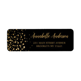 Modern Elegant Guld Glitter Konfetti-skript, svart Returadress Etikett