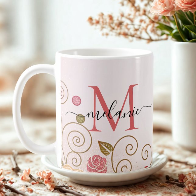 Modern Elegant Guld Glitter Monogram-skript Kaffemugg (Skapare uppladdad)