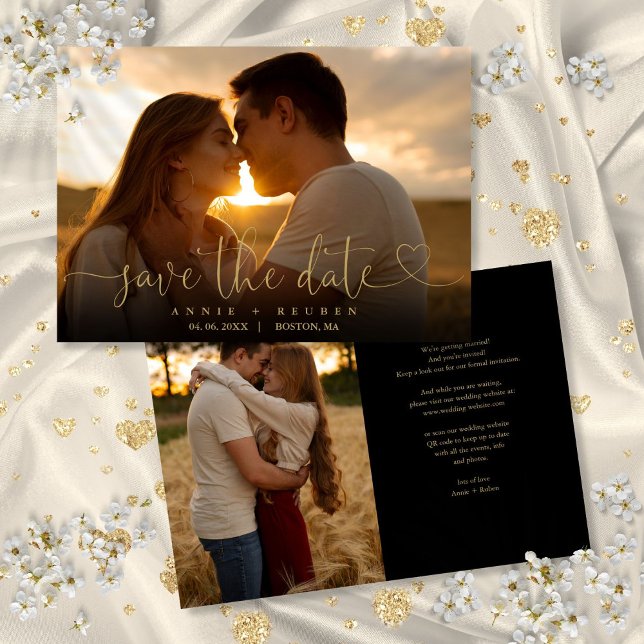 Modern Elegant Guld Heart-skript Foto Bröllop Spara Datumet (Modern Elegant Gold Heart Script Photo Wedding Save The Date)