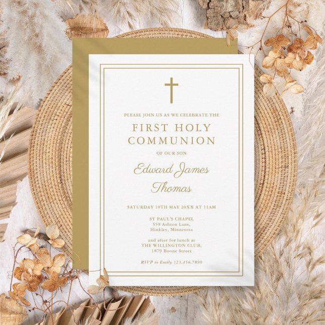 Modern Elegant Guld Kant Första Nattvarden Inbjudningar (Modern Elegant Gold Border First Holy Communion Invitation)