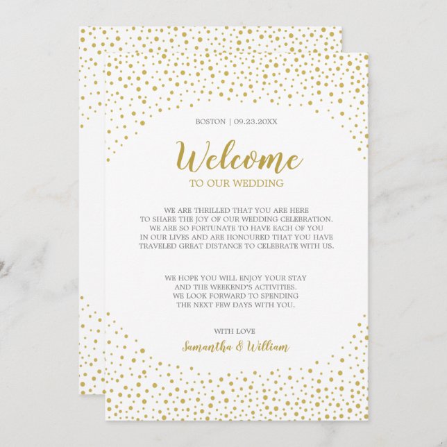 Modern Elegant Guld Konfetti Bröllop Välkomsthälsn Inbjudningar (Fram/baksida)