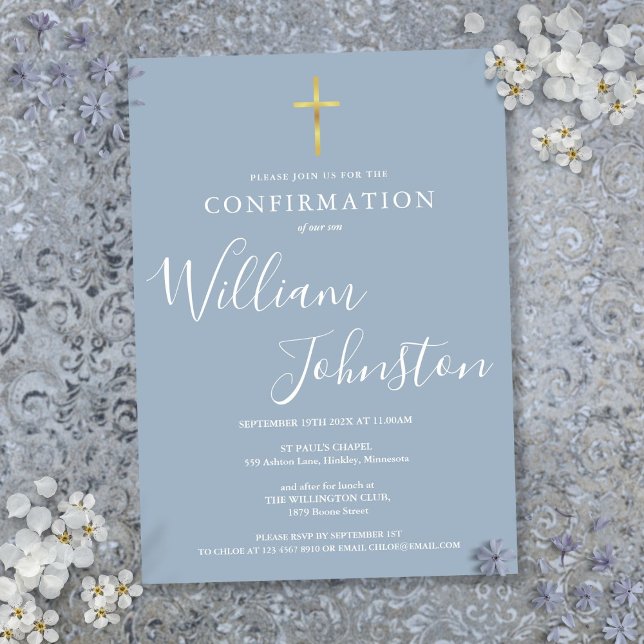 Modern Elegant Guld Kors Dammig Blå Konfirmation Inbjudningar (Modern Elegant Gold Cross Dusty Blue Confirmation Invitation)