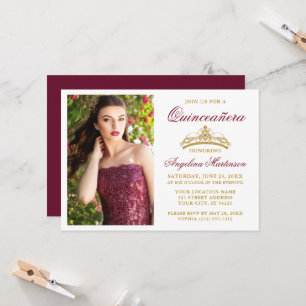 Modern Elegant Guld Krona Burgundy Quinceanera Inbjudningar
