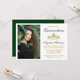 Modern Elegant Guld Krona Foto Grön Quinceanera Inbjudningar