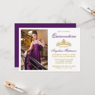 Modern Elegant Guld Krona Foto Lila Quinceanera Inbjudningar
