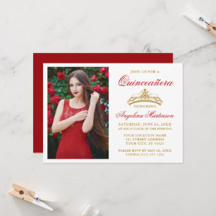 Modern Elegant Guld Krona Foto Röd Quinceanera Inbjudningar