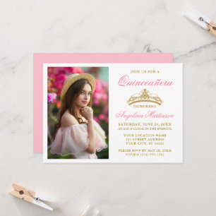 Modern Elegant Guld Krona Foto Rosa Quinceanera Inbjudningar