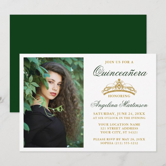 Modern Elegant Guld Krona Photo Grönt Quinceanera Inbjudningar (Fram/baksida)