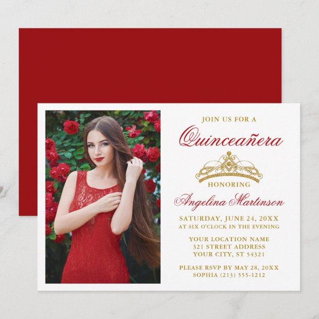 Modern Elegant Guld Krona Photo Red Quinceanera Inbjudningar (Fram/baksida)