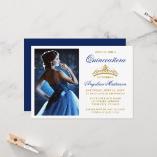 Modern Elegant Guld Krona Royal Blå Quinceanera Inbjudningar
