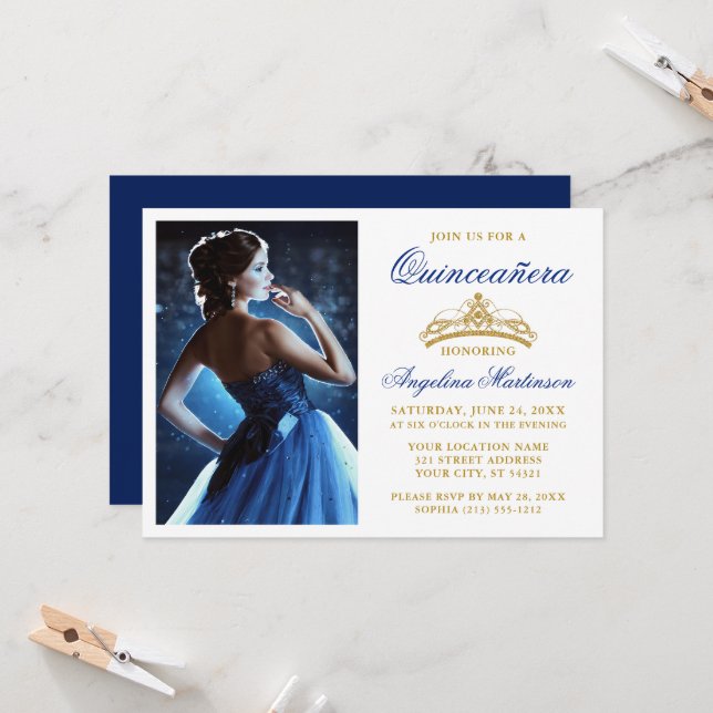 Modern Elegant Guld Krona Royal Blå Quinceanera Inbjudningar (Fram/Back In Situ)