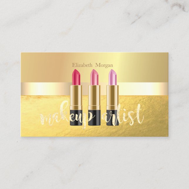 Modern Elegant Guld, Läppstift, Sminkartist Visitkort (Framsida)