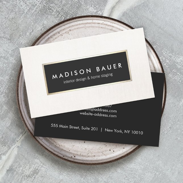 Modern Elegant Guld-linne Black and Beige Linen Visitkort (Skapare uppladdad)