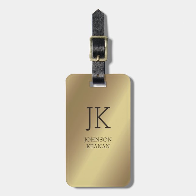 Modern Elegant Guld Metallic Mongramme Namn Bagagebricka (Vertikal Framsida)