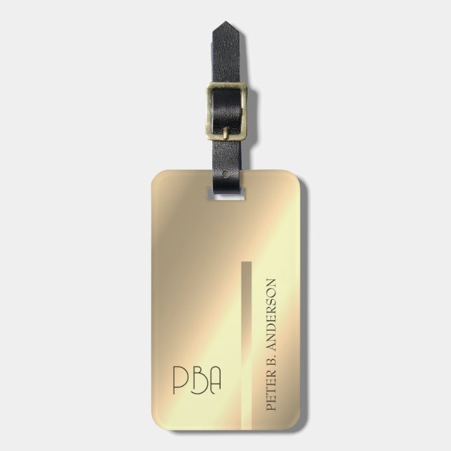 Modern Elegant Guld Metallic Mongramme Namn Bagagebricka (Vertikal Framsida)