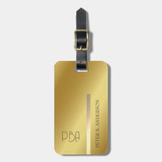 Modern Elegant Guld Metallic Mongramme Namn Bagagebricka (Vertikal Framsida)