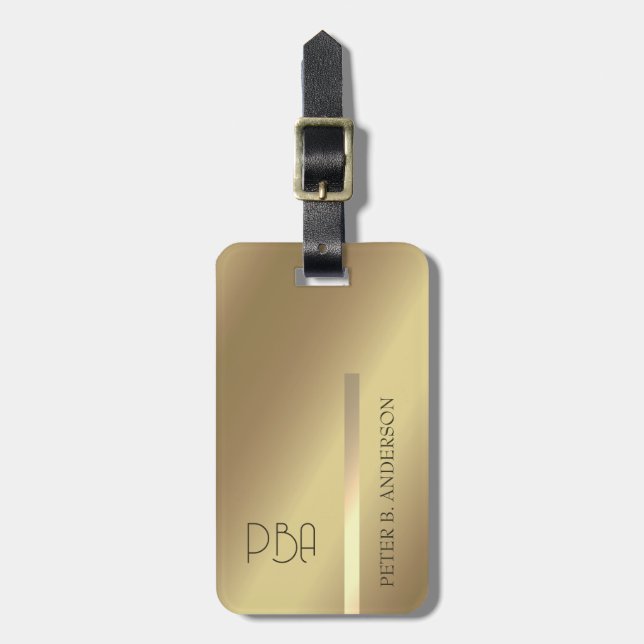 Modern Elegant Guld Metallic Mongramme Namn Bagagebricka (Vertikal Framsida)