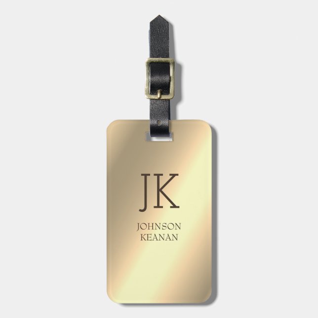 Modern Elegant Guld Metallisk monogram Namn  Bagagebricka (Vertikal Framsida)