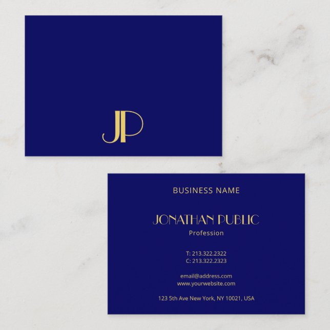 Modern Elegant Guld Monogram mallmarin blå marin Visitkort (Fram/baksida)