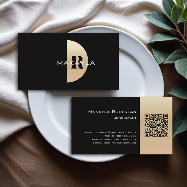 Modern Elegant Guld Monogram QR-kod Visitkort (Get these personalized business cards with a convenient QR code and modern design.)
