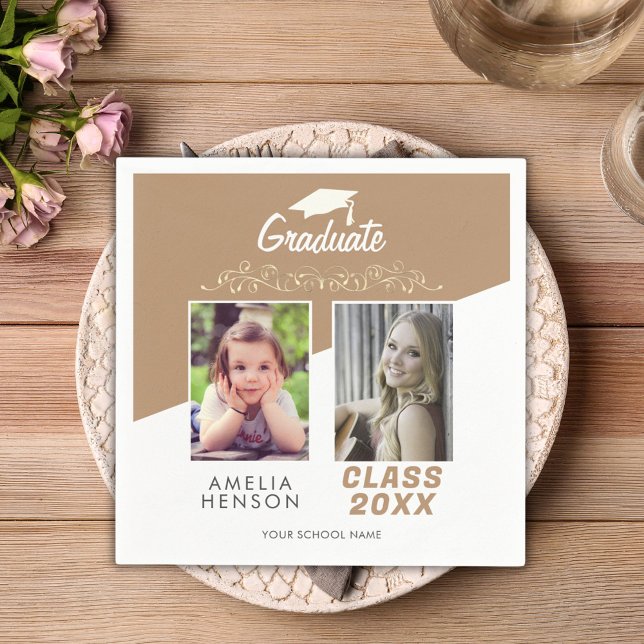 Modern Elegant Guld Ornament 2 Photo Studenten Pappersservett (Skapare uppladdad)