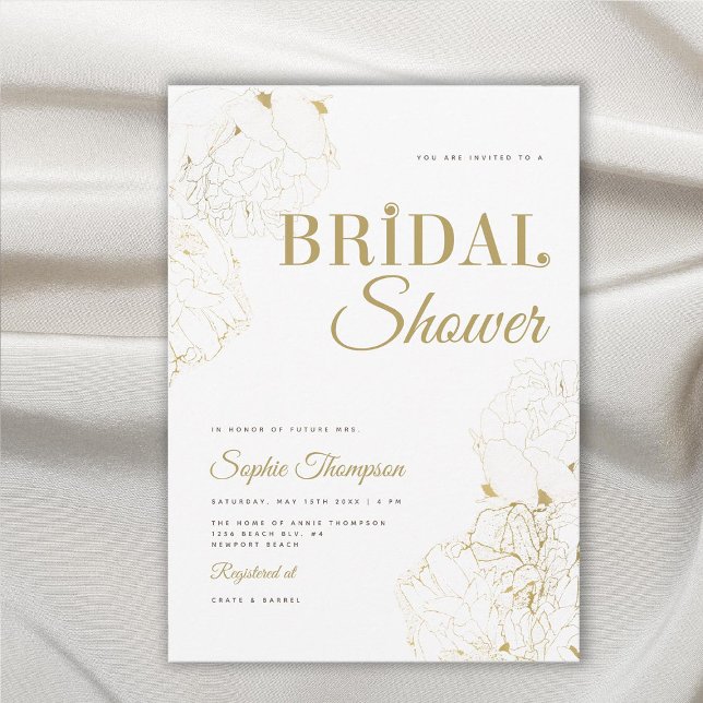 Modern Elegant Guld Peonies Sketch Möhippa Inbjudningar (modern gold peonies floral sketch bridal shower invitation elegant sophisticated feminine classy)