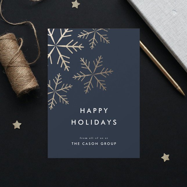 Modern Elegant Guld Snöflingor Business Julkort (Elegant Gold Modern Snowflakes Simple Business Happy Holidays Card.)