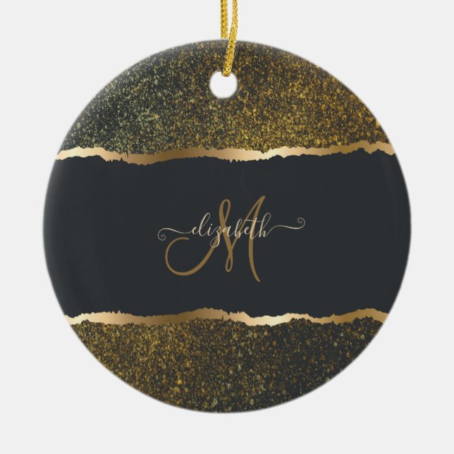 Modern Elegant Guld Touch Monogram Julgransprydnad Keramik (Framsidan)