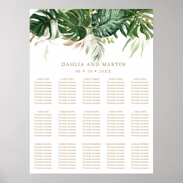 Modern Elegant Guld Tropisk Bröllops Placeringspla Poster (Framsidan)