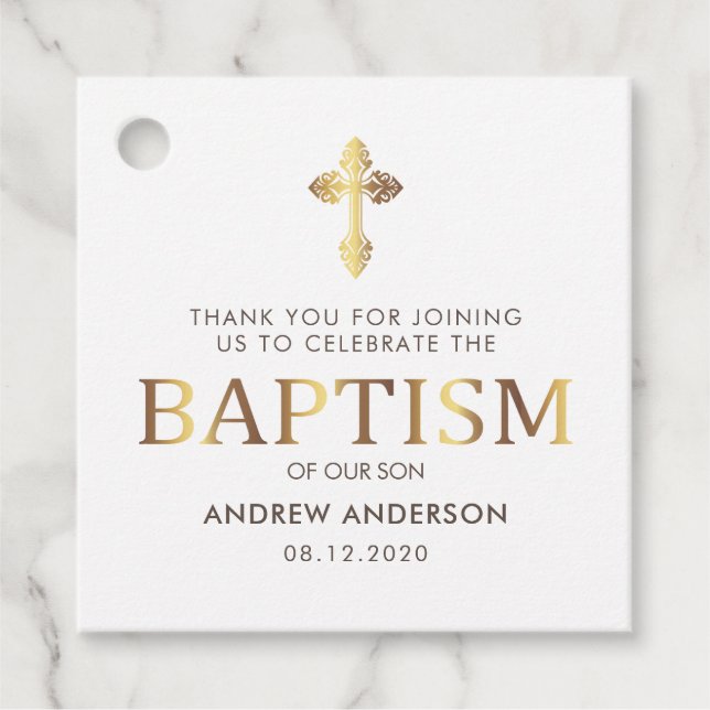 Modern Elegant Guld & White Baptism Tack Gåvor Etiketter (Framsida)
