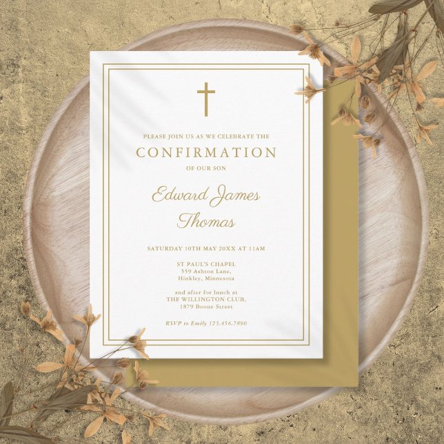 Modern elegant guldbord inviterar till konfirmatio vykort (Modern Elegant Gold Border Confirmation Invitation Postcard)