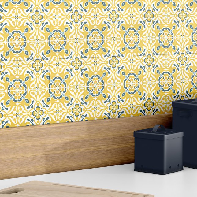 Modern Elegant Gult Teal Spain Azulejo Mönster Kakelplatta (Modern Elegant Yellow Teal Spanish Azulejo Pattern Ceramic Tile)