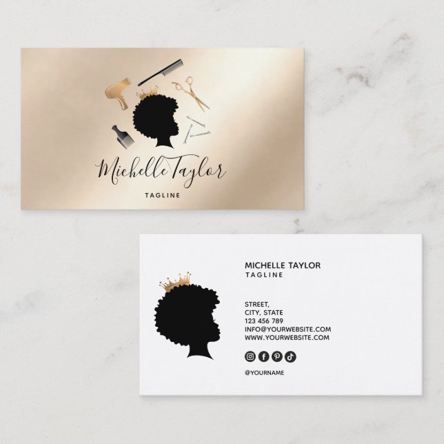 Modern Elegant Hairstylist Afro American Woman Visitkort (Fram/baksida)