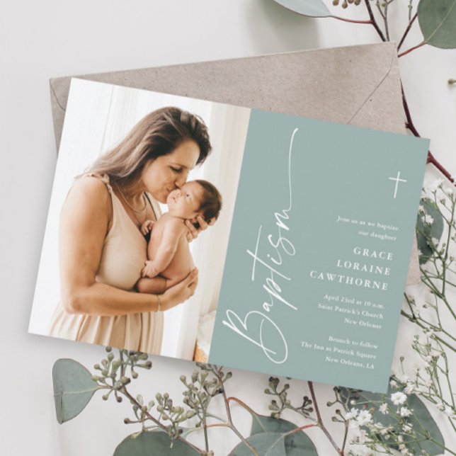 Modern Elegant handskriven Könsneutral Foto Dopcer Inbjudningar (Modern script photo baptism invitations.)