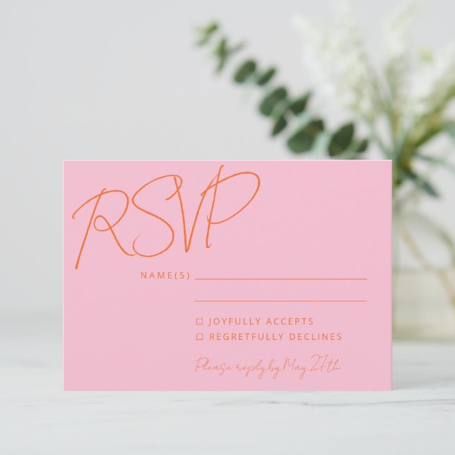 Modern Elegant Handwrite Rosa Orange Bröllop OSA Kort (Stående Fram)