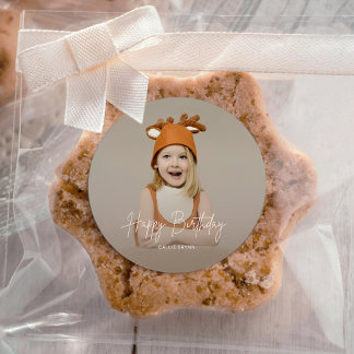 Modern Elegant Happy Birthday Photo Round Sticker Runt Klistermärke