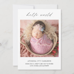 Modern Elegant Hej World Photo Simple Birth Meddelande