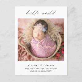 Modern Elegant Hej World Photo Simple Birth Meddelande Vykort