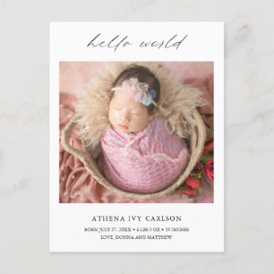 Modern Elegant Hej World Photo Simple Birth Meddelande Vykort