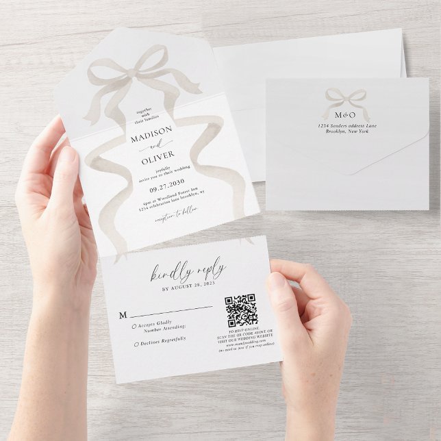 Modern Elegant Ivory Beige Bow Monogram Bröllop (Skapare uppladdad)