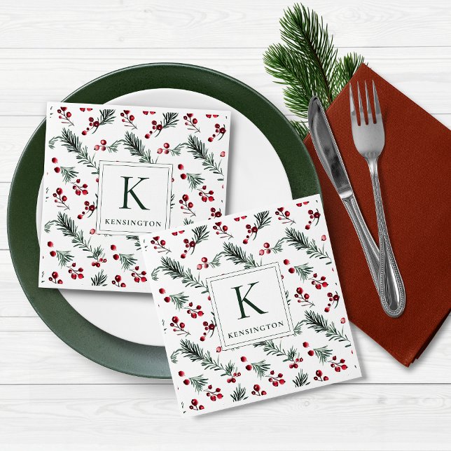 Modern Elegant jul - botaniskt Monogram Pappersservett (Modern Elegant Christmas Botanical Monogram Napkins)