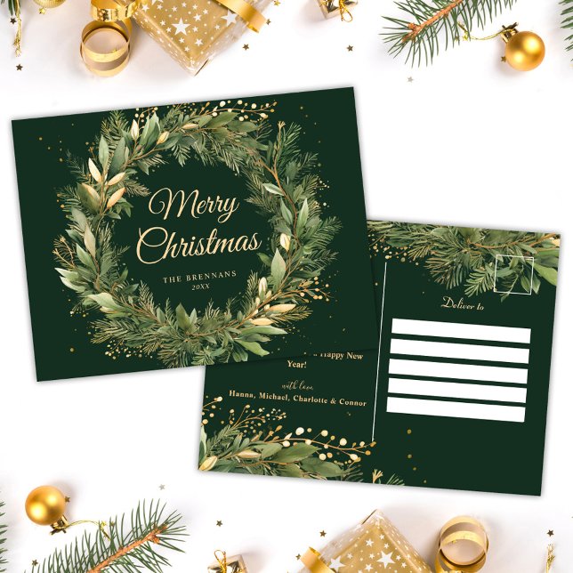 Modern Elegant Juldagen Kandisk Grönt Helg Vykort (Modern Elegant Christmas Wreath Botanical Green Holiday Postcard)