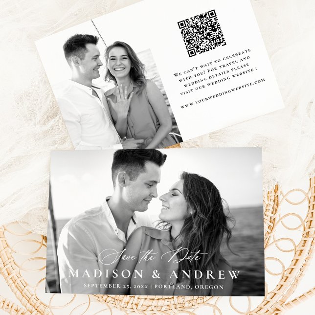 Modern Elegant Kalligrafi 2 Foto QR-kod Bröllop Spara Datumet (Skapare uppladdad)