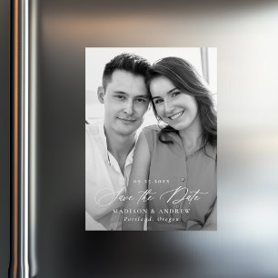 Modern Elegant Kalligrafi Foto Spara Datum Magnetisk Inbjudningskort