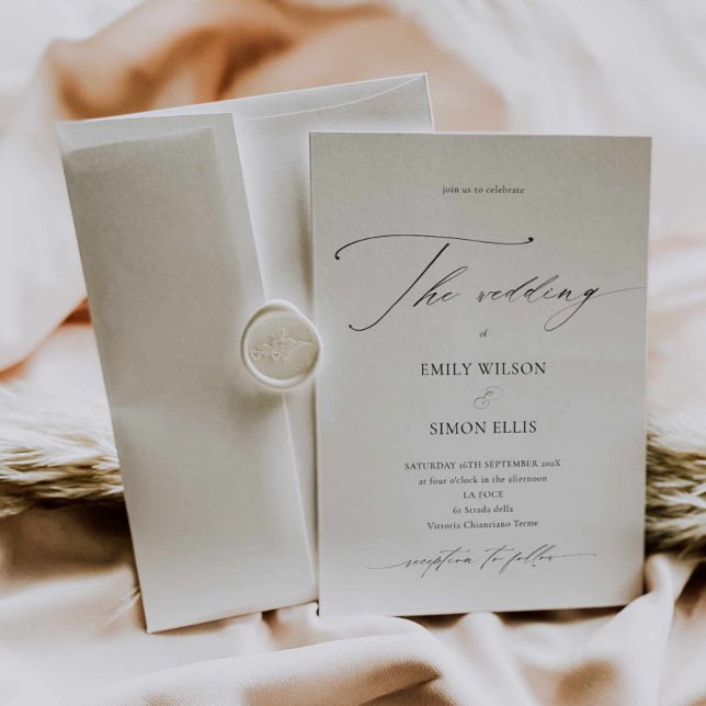 Modern elegant kalligrafisk bröllopsinbjudan inbjudningar (modern minimalist calligraphy wedding invitation, dainty script wedding invite, classic simple)